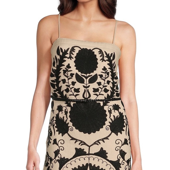 Le Alx Linen Embroidered Square Neck Sleeveless Spaghetti Strap Braid Belt Maxi - Picture 3 of 7